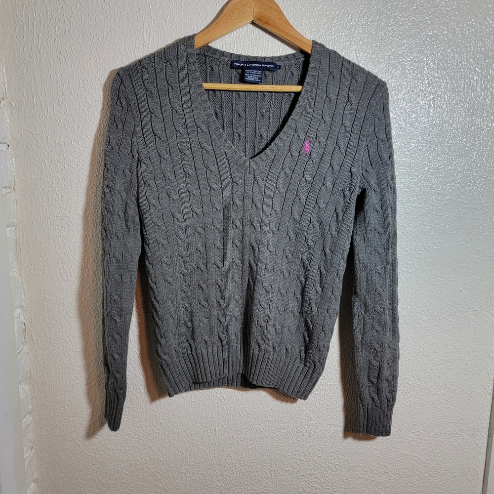 Ralph Lauren Blue Label Cable Knit V-Neck Sweater sz M Gray Purple Embroidered